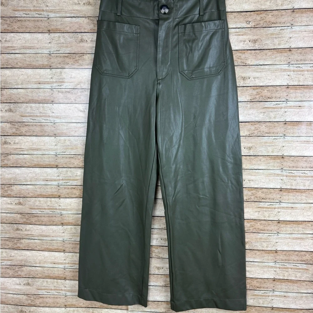 Maeve Anthropologie Dark Green Faux Leather Wide Leg Cropped Pants Size 27 - Picture 2 of 8